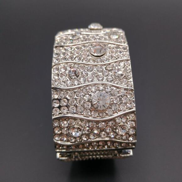 Wide Clear Rhinestone Cuff Hinged Bracelet, Silver Tone, 7 1/2 Inches - Picture 2 of 8